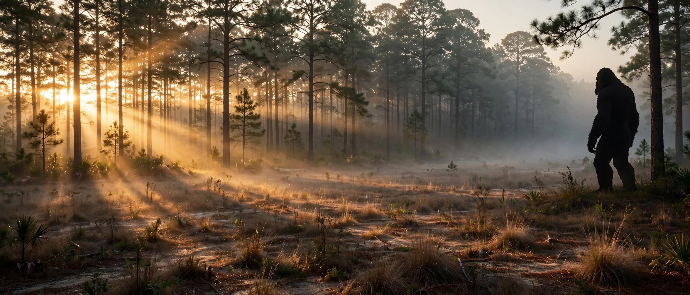 Bigfoot silhouetted against the dawn sky in the woods